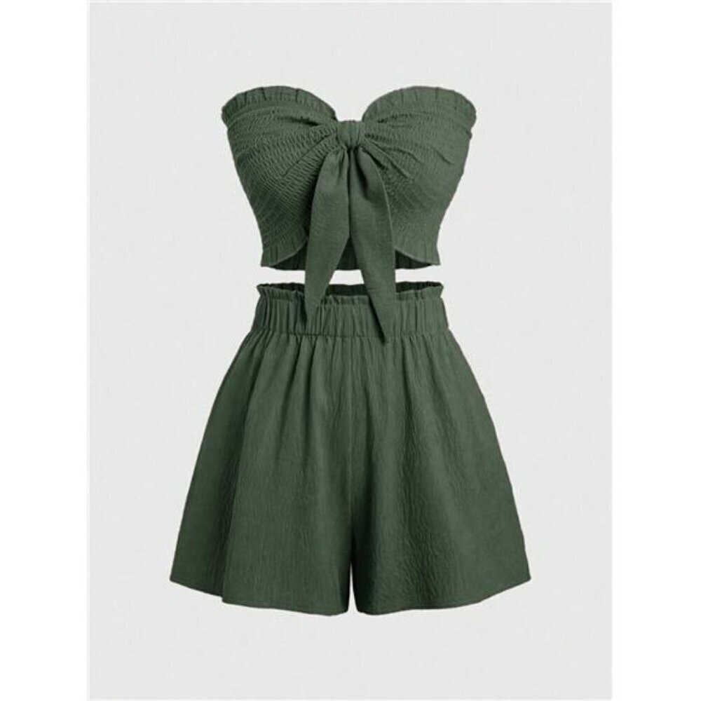 Smocked Tie Front Tube Top and Shorts Set